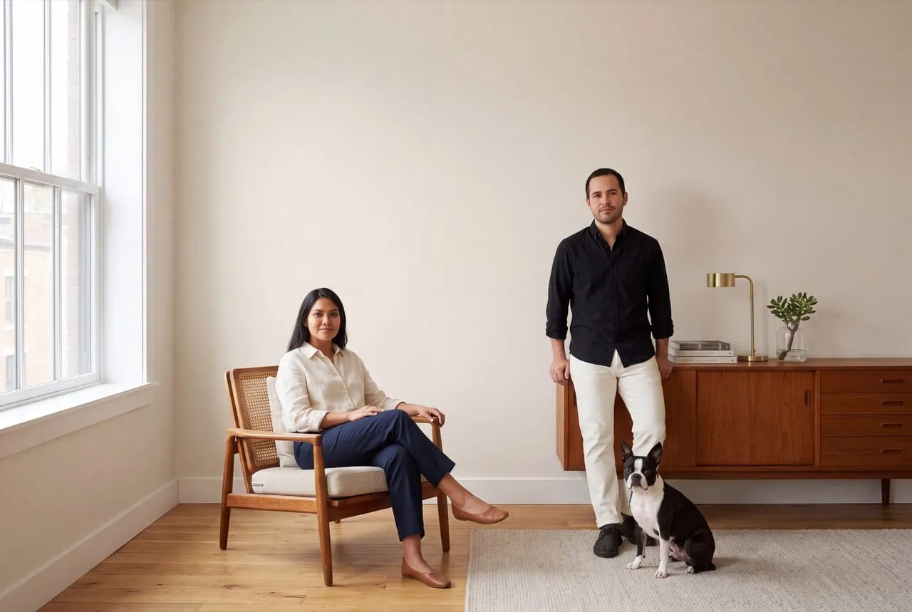Wohnzimmer mit beige gestrichener Wand, Sessel und Holzkommode – re-box Wandfarben-Kollektion Beige