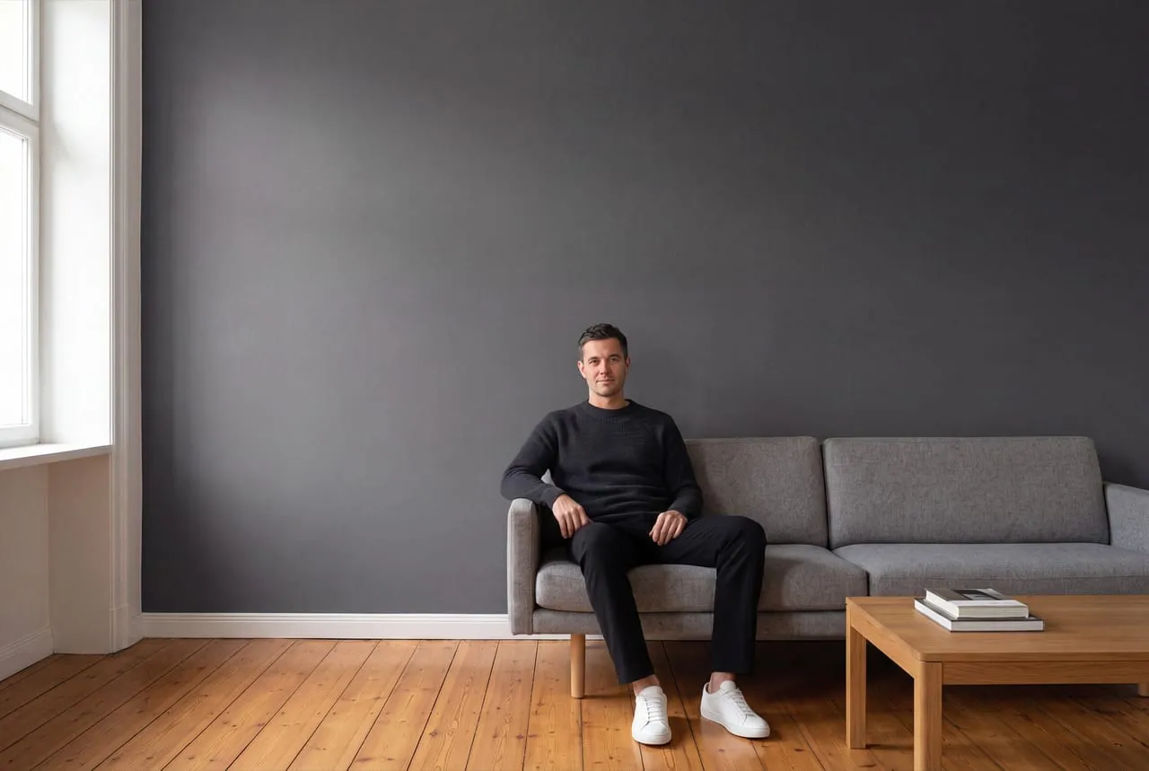 Wohnzimmer mit anthrazitgrau gestrichener Wand und grauem Sofa – re-box Wandfarben-Kollektion Grau