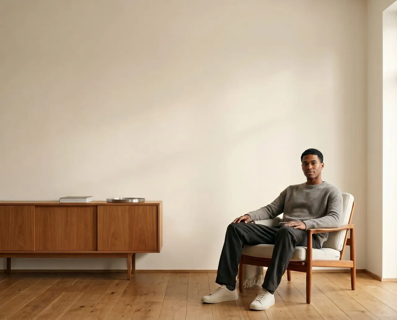 Wohnraum mit Wand in warmem Neutralton hinter einem Sideboard aus Holz – re-box Kollektion Neutraltöne