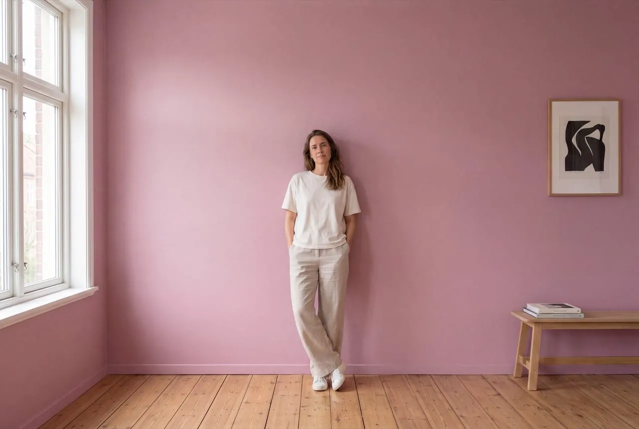 Zimmer mit rosa gestrichener Wand und Dielenboden – re-box Wandfarben-Kollektion Rosa