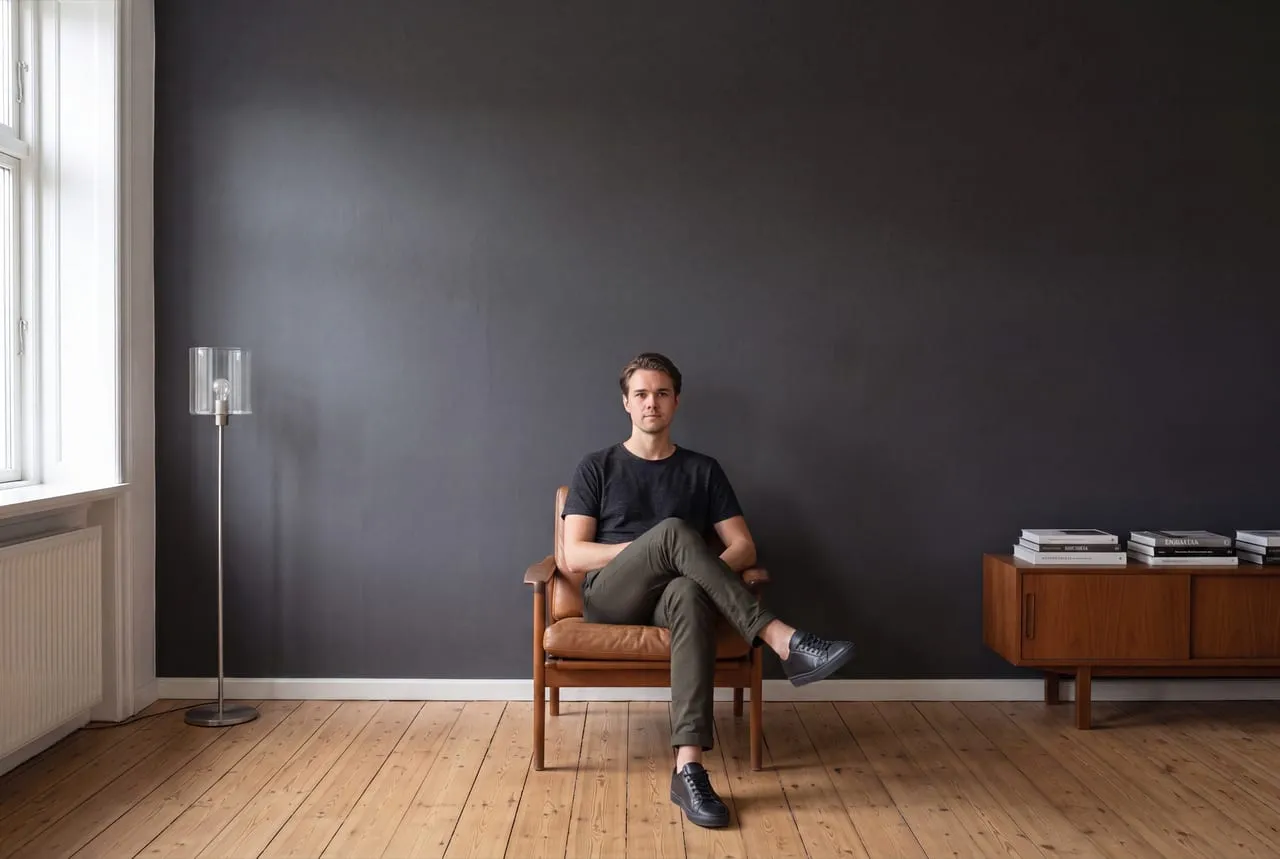 Zimmer mit schwarz gestrichener Wand, Sessel und Stehleuchte – re-box Wandfarben-Kollektion Schwarz