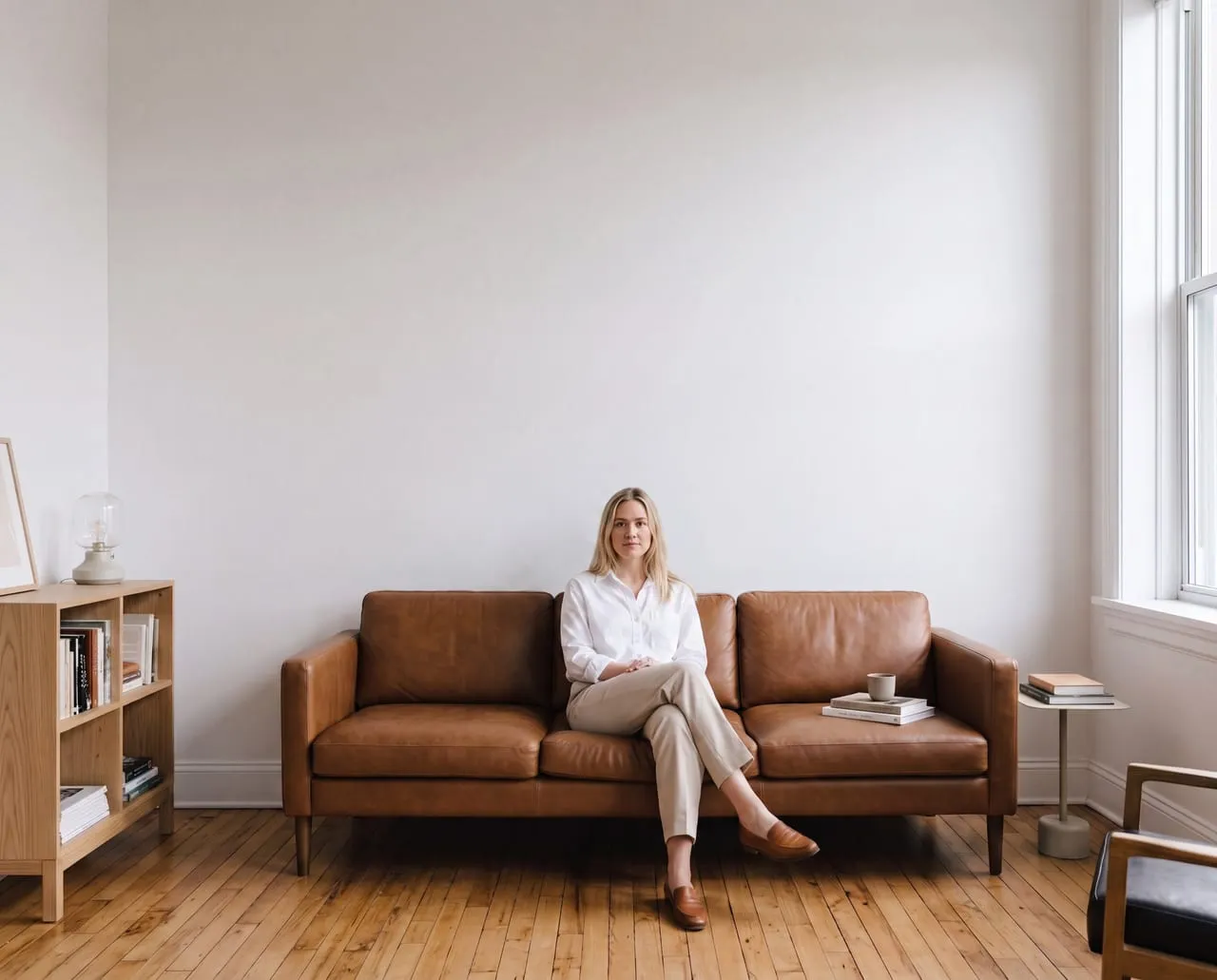 Helles Wohnzimmer mit weiß gestrichener Wand und cognacfarbenem Ledersofa – re-box Wandfarben in Weiß
